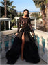A Line Black Scoop Appliques Slit Satin Prom Dress with Long Sleeves LBQ4266